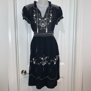 Lucky Brand Black Midi Dress with Cream Embroidery